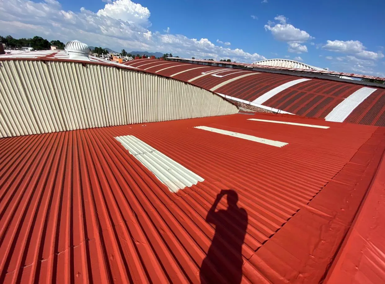 Techumbre curva de lámina de nave industrial impermeabilizada en rojo