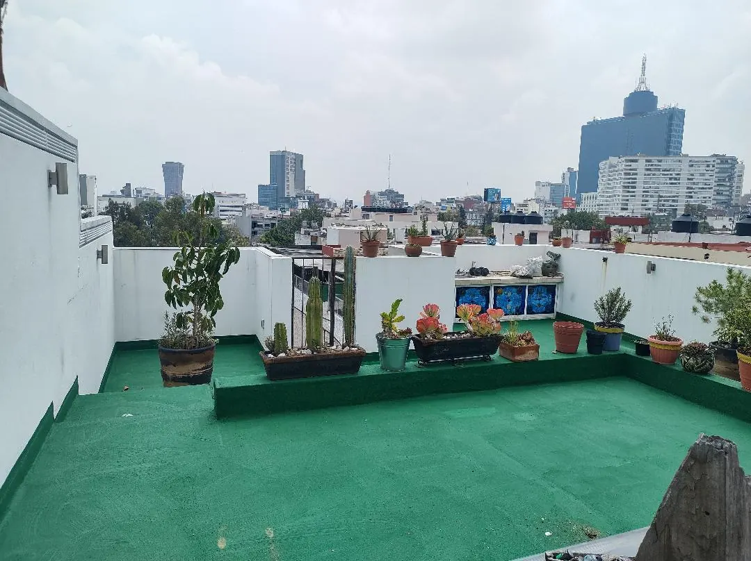 Terraza impermeabilizada con jardineras y vista a la ciudad