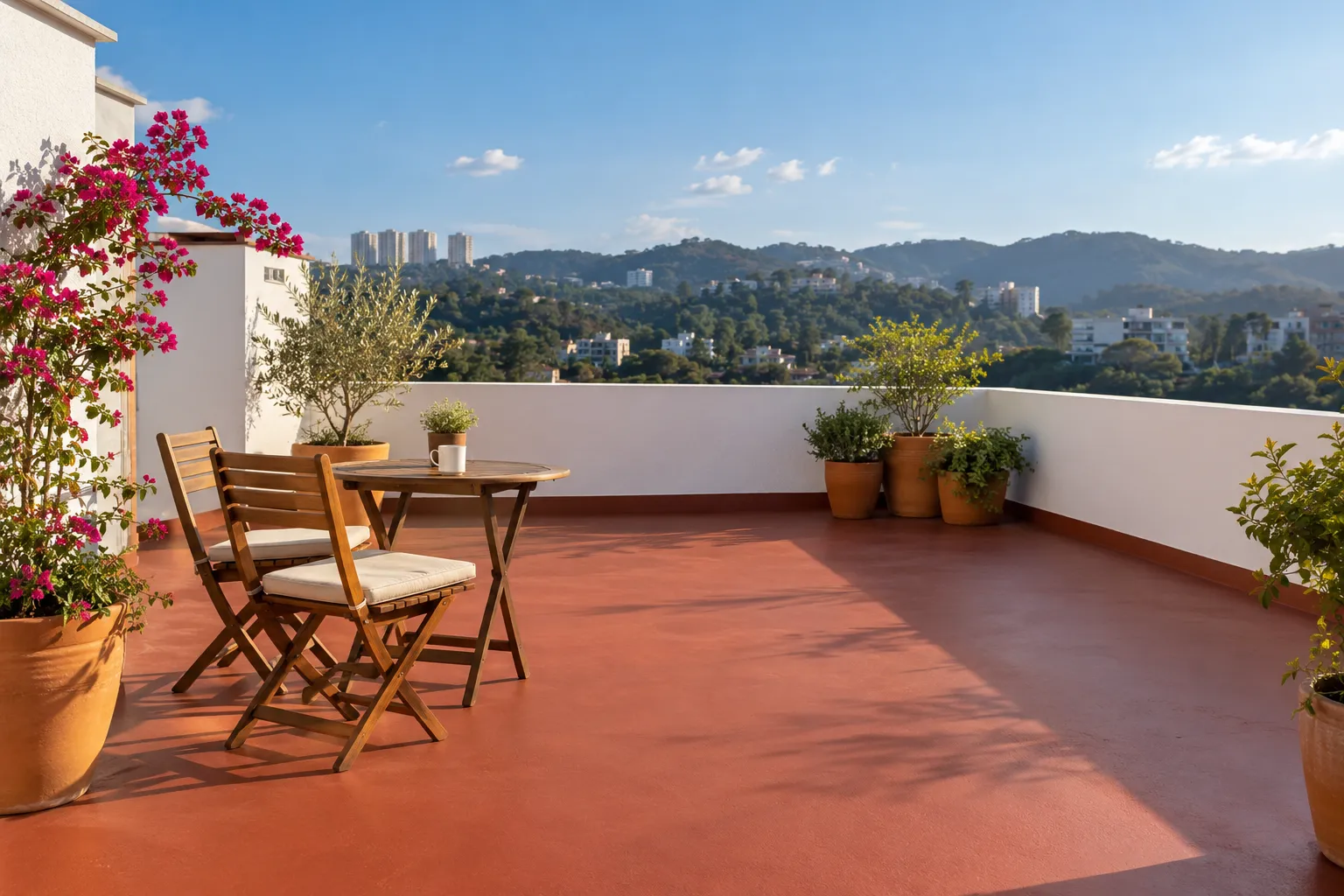 Terraza impermeabilizada en rojo terracota con plantas y una mesa al sol